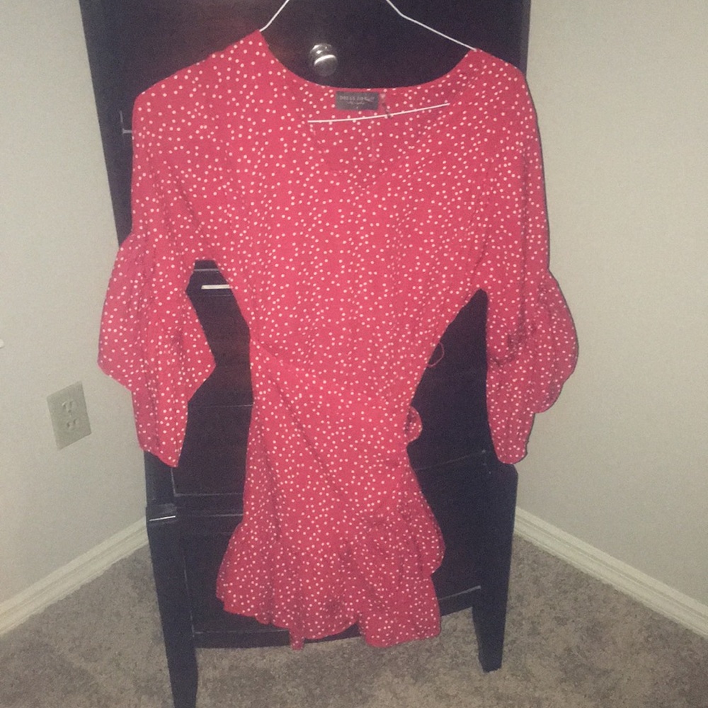 Red wrap around polka dotted dress